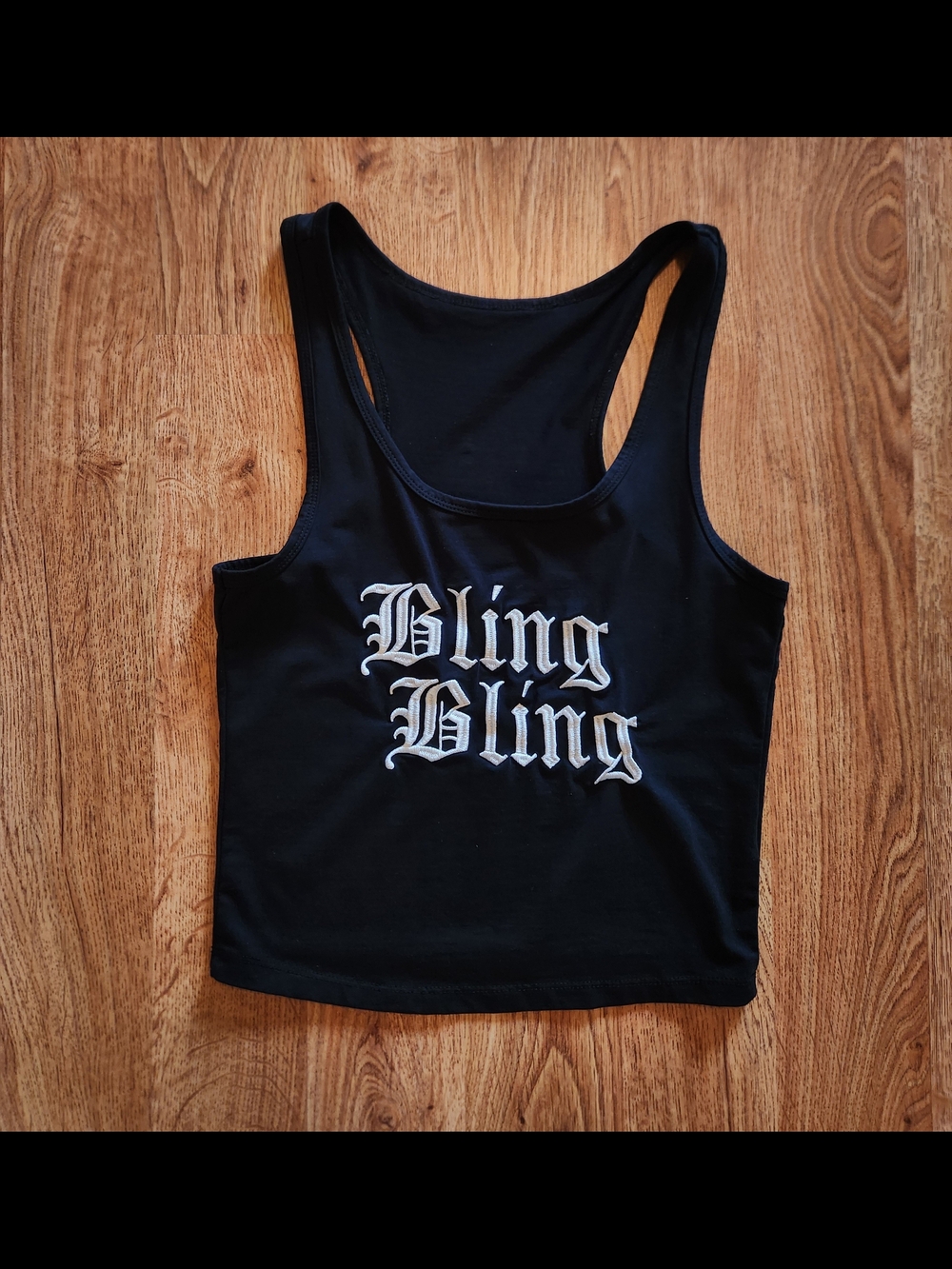 Black 'Bling Bling' Graphic Tank Crop Top,  Embroidered